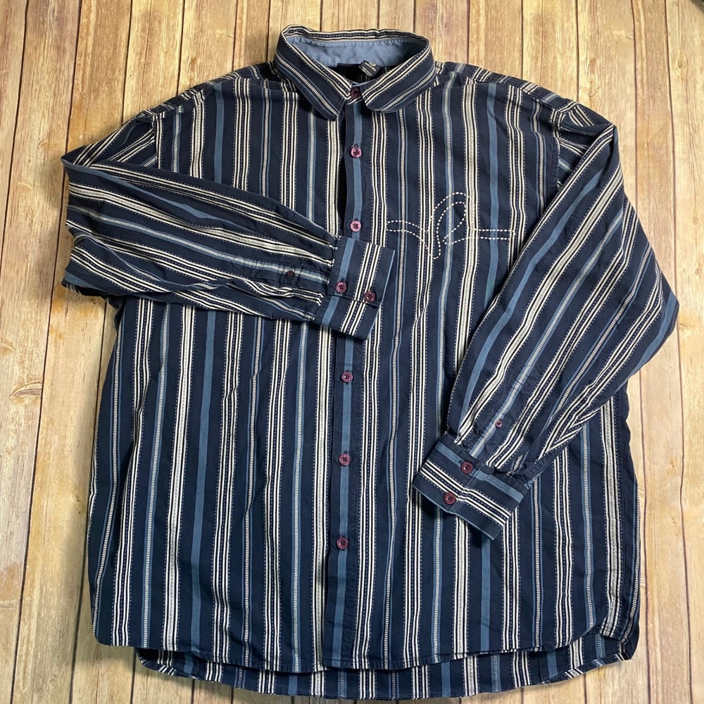 Vintage Rocawear Shirt 3XL Blue Striped Y2K Button Up Big & Tall Streetwear